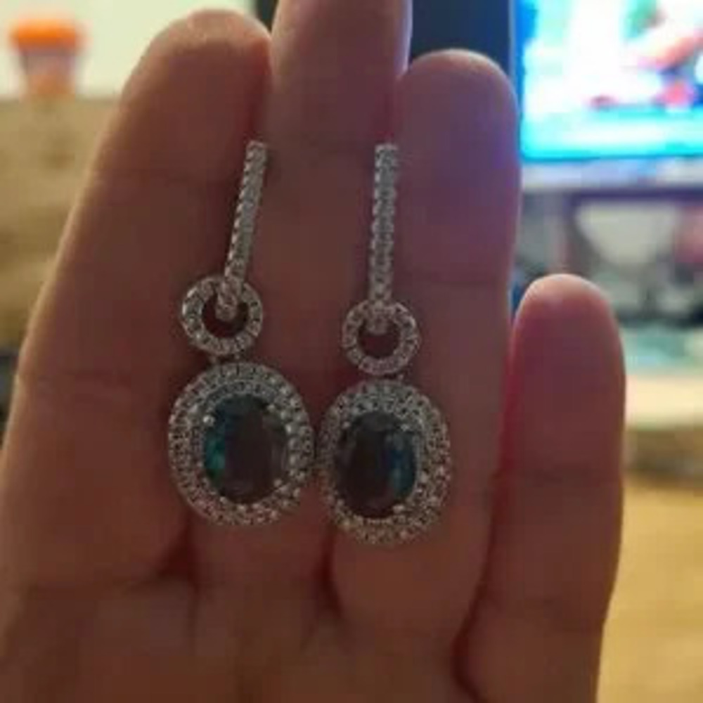 Luxurious Blue Diamond Dangle Earrings - Picture 7 of 7
